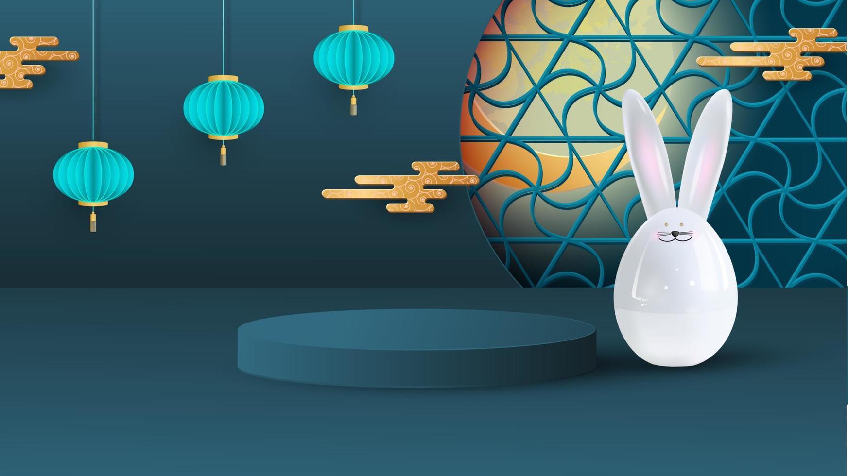 Platform and podium for presentations. Festive background for the Mid-Autumn Festival with a ceramic hare, hanging lanterns and a bright moon. Vector illustration