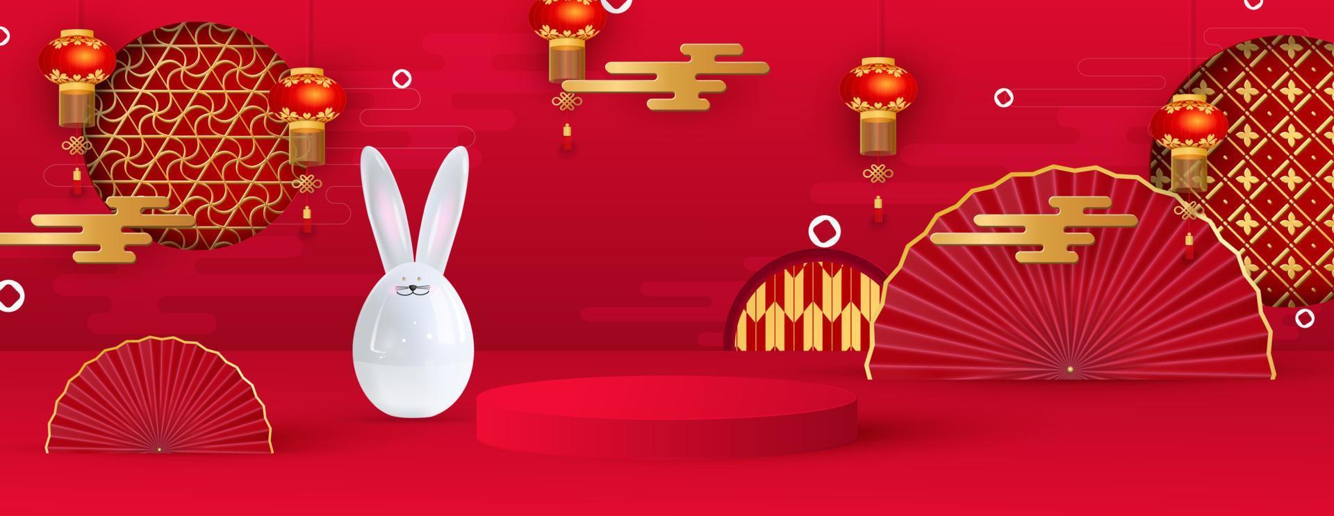 Platform and podium for presentations. Festive Christmas background, ceramic hare, hanging lanterns, fans, traditional patterns. Happy new year of the rabbit. Vector illustration