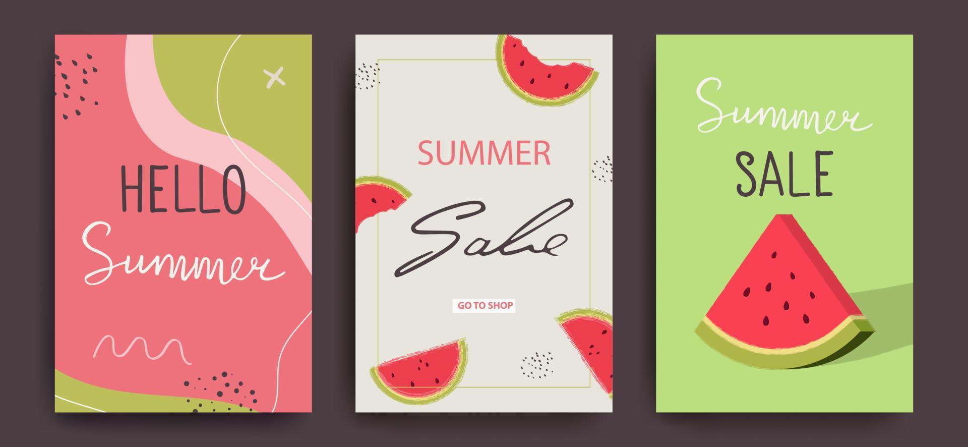 un conjunto de postales para la venta de verano con una rodaja de sandía sobre un fondo claro. imitación de pincel. ilustración vectorial vector