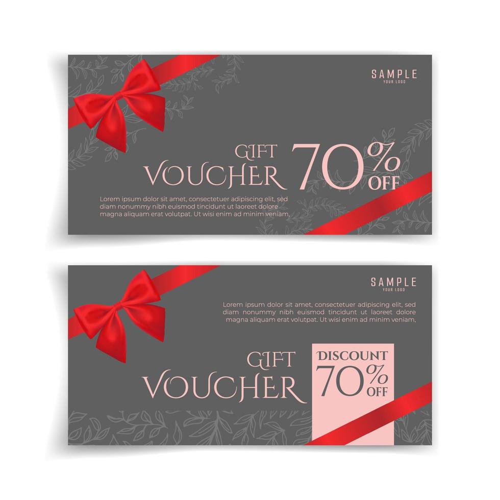 Grey gift voucher with red bow ribbon. Simple and luxury style. Gift card with ribbon. vector