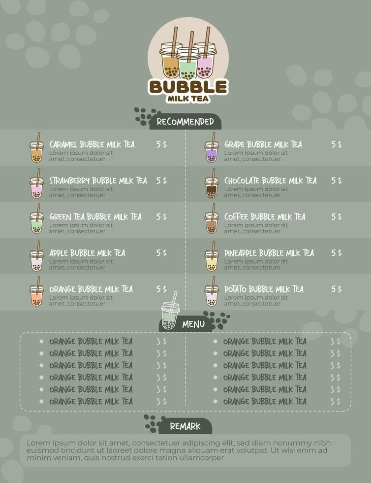 Bubble milk tea vector menu template. Bubble milk tea cartoon. Menu for cafe or restaurant.