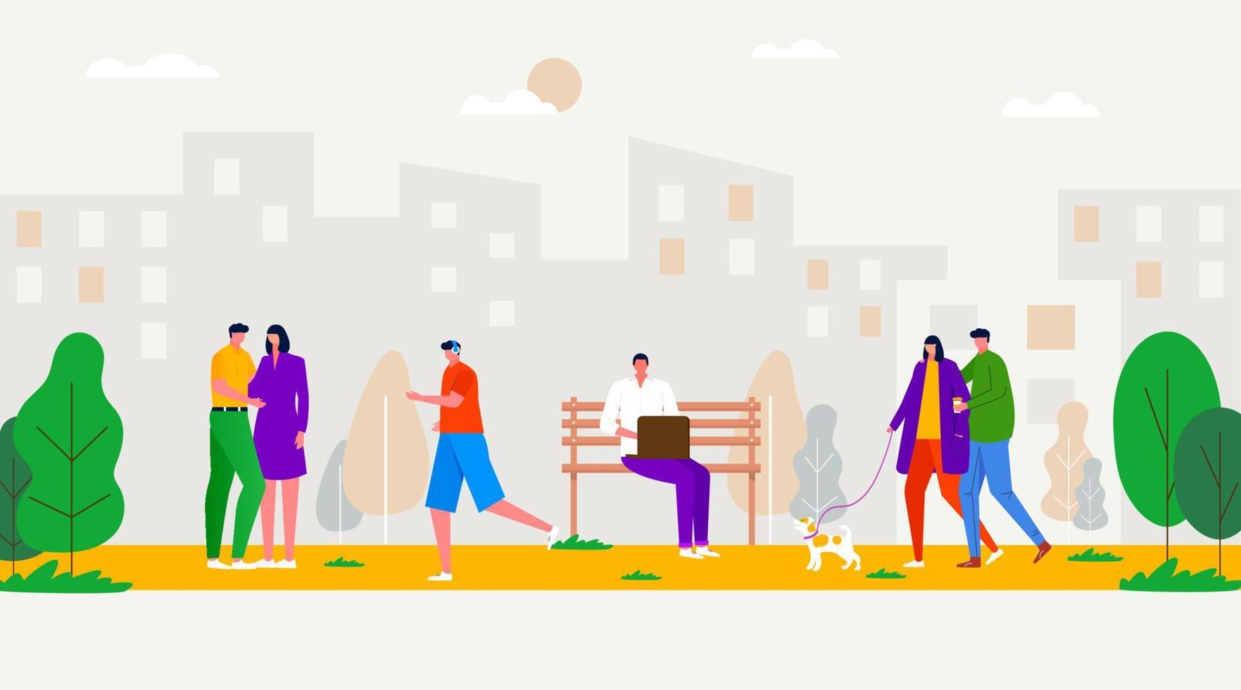 People walking in the park, practicing sports, relaxing, connecting, sitting on bench,  playing with dog. Leisure and outdoor activity, family picnic, summer rest. Vector flat concept illustration