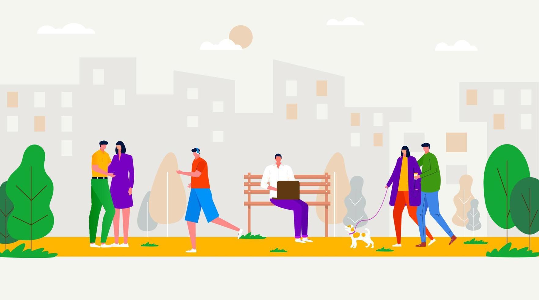 gente caminando en el parque, practicando deportes, relajándose, conectándose, sentándose en un banco, jugando con un perro. ocio y actividad al aire libre, picnic familiar, descanso de verano. Ilustración de concepto plano vectorial vector