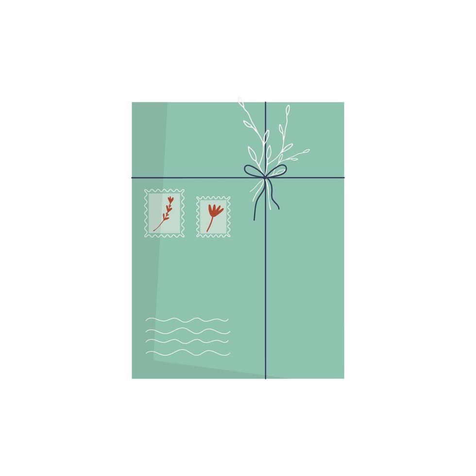 Envelope with stamps isolated on white backgound. Icon for delivery letter, correspondence, postal service. Hand made gift or present with craft paper letter, ribbon, branches.  Flat vector