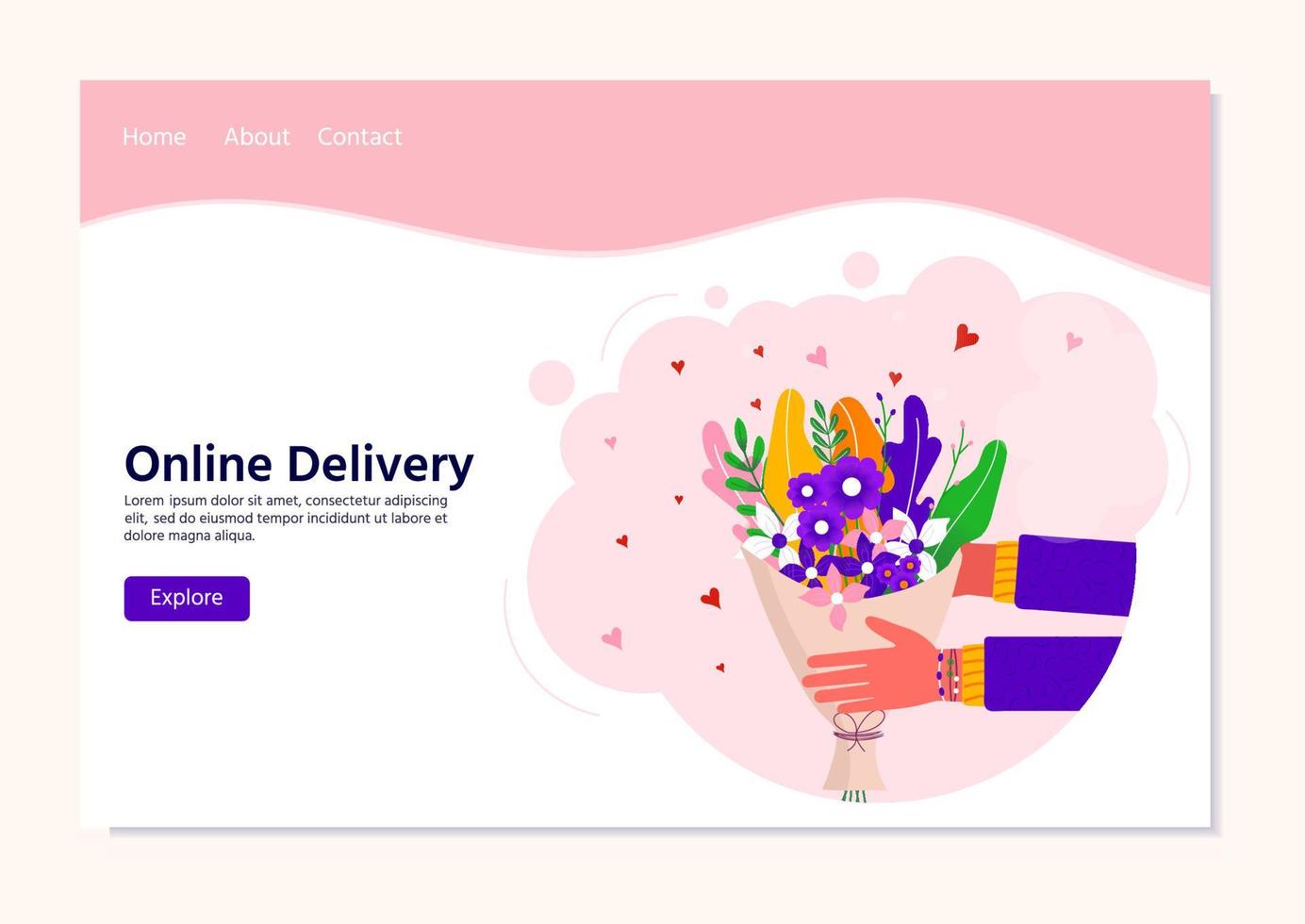 Courier holding in hand parcel ready for fast flower delivery to the recipient. Online delivery service concept landing page. Vector illustration for web with bouquet, parcel, pack