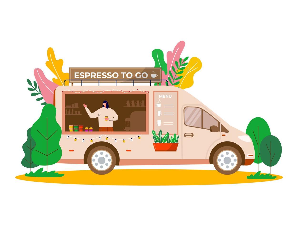 Street Food Festival, people buying takeaway coffee in truck, vehicle. Mobile coffee shop, cafe on wheels with barista in city park, vector concept banner