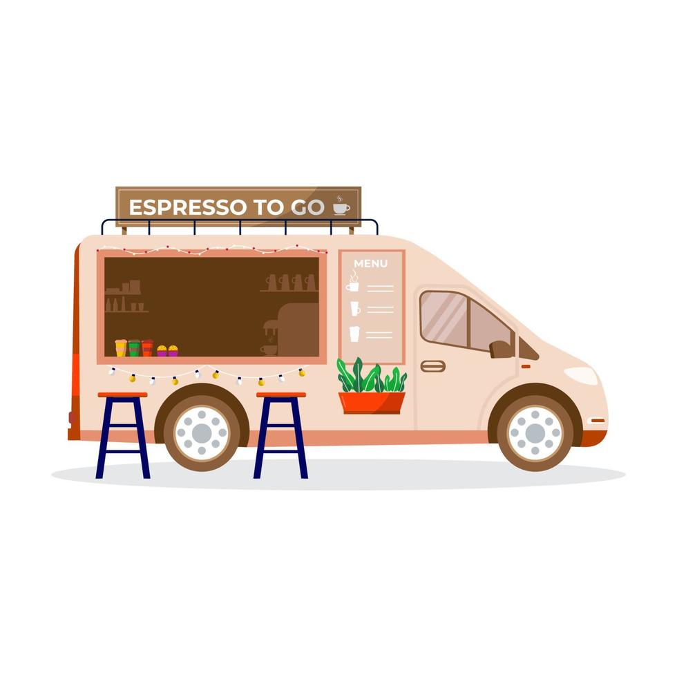 icono del festival de comida callejera, gente comprando café para llevar en camión, vehículo. cafetería móvil, cafetería sobre ruedas en el parque de la ciudad, banner de concepto vectorial vector