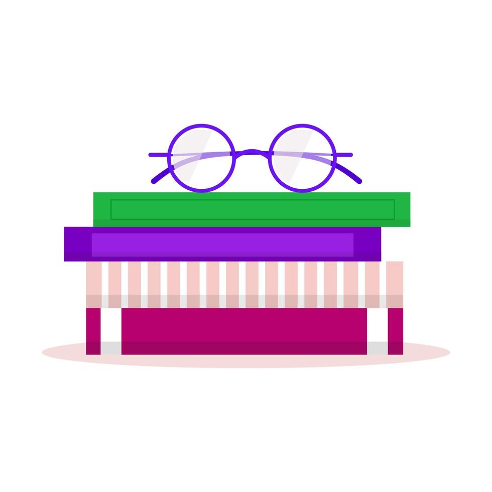 Bookshelves with favorite books, office plant, and glasses. Shelf book in room library, reading book for home with workplace for education. Vector modern book club logo
