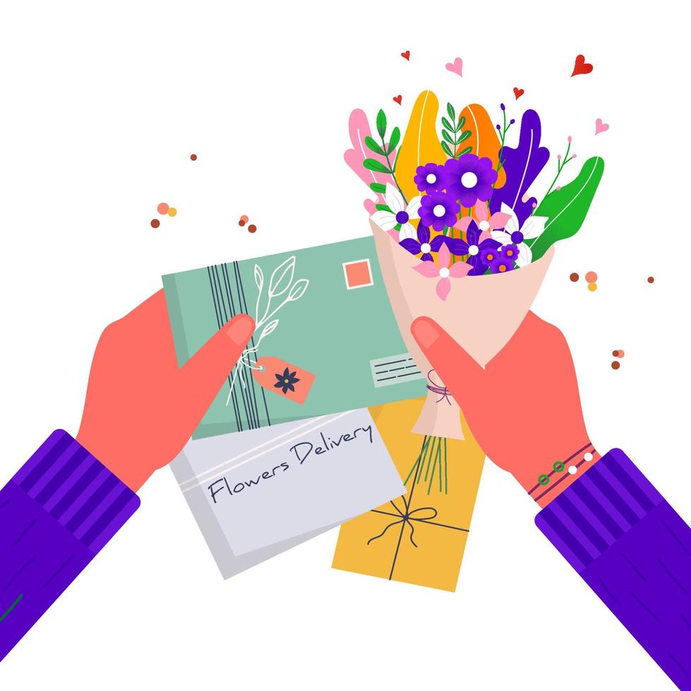 Concept for flower delivery with hand holding bouquet and craft paper envelope. Online delivery service. Vector illustration for web with bouquet, parcel, pack