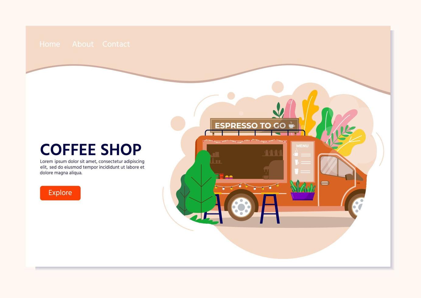 Street Food Festival concept for landing page,  takeaway coffee in truck, vehicle. Mobile coffee shop, cafe on wheels in city park, vector concept banner