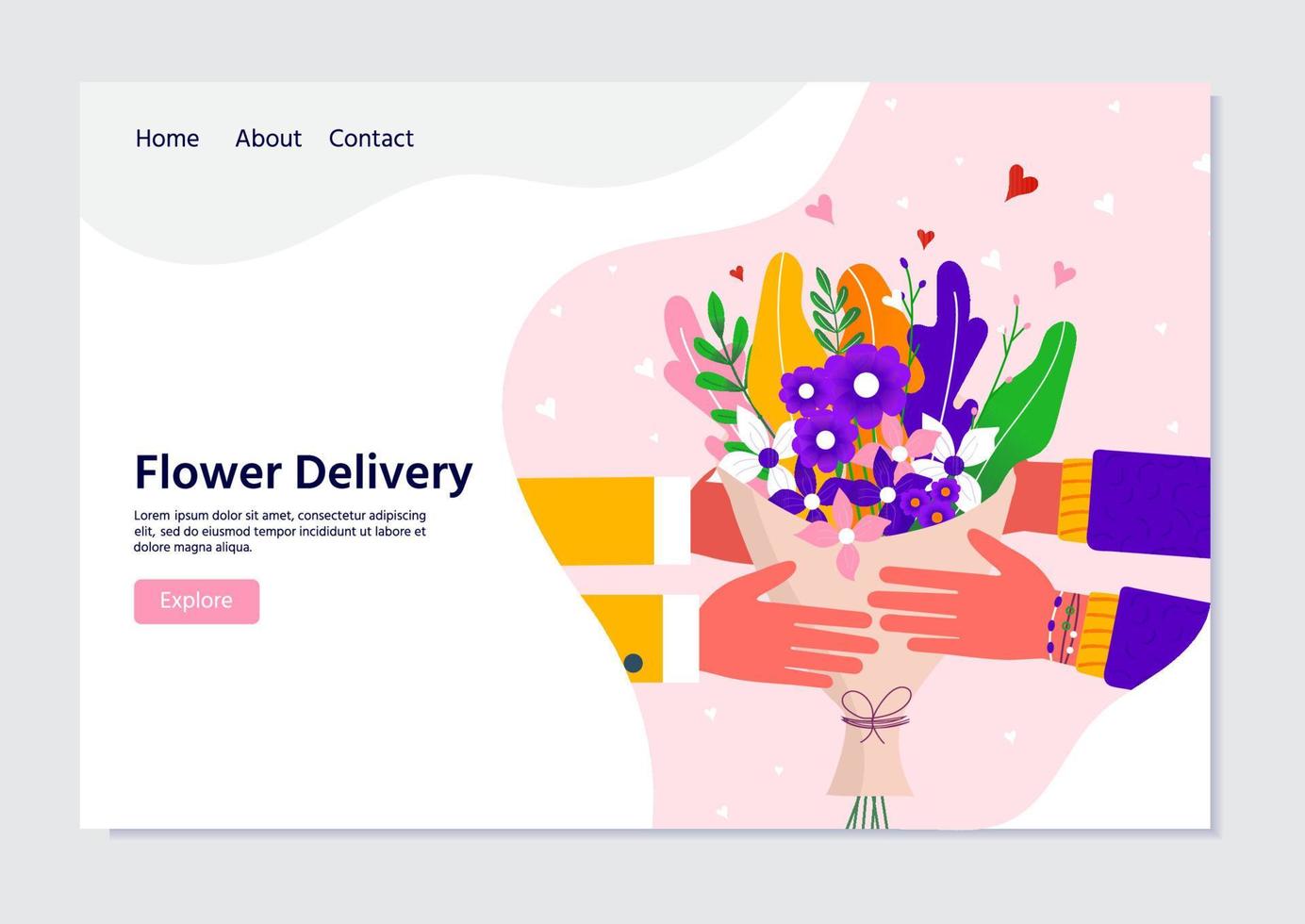 mensajero sosteniendo un paquete en la mano listo para la entrega rápida de flores al destinatario. página de destino del concepto de servicio de entrega en línea. ilustración vectorial para web con ramo, paquete, paquete vector