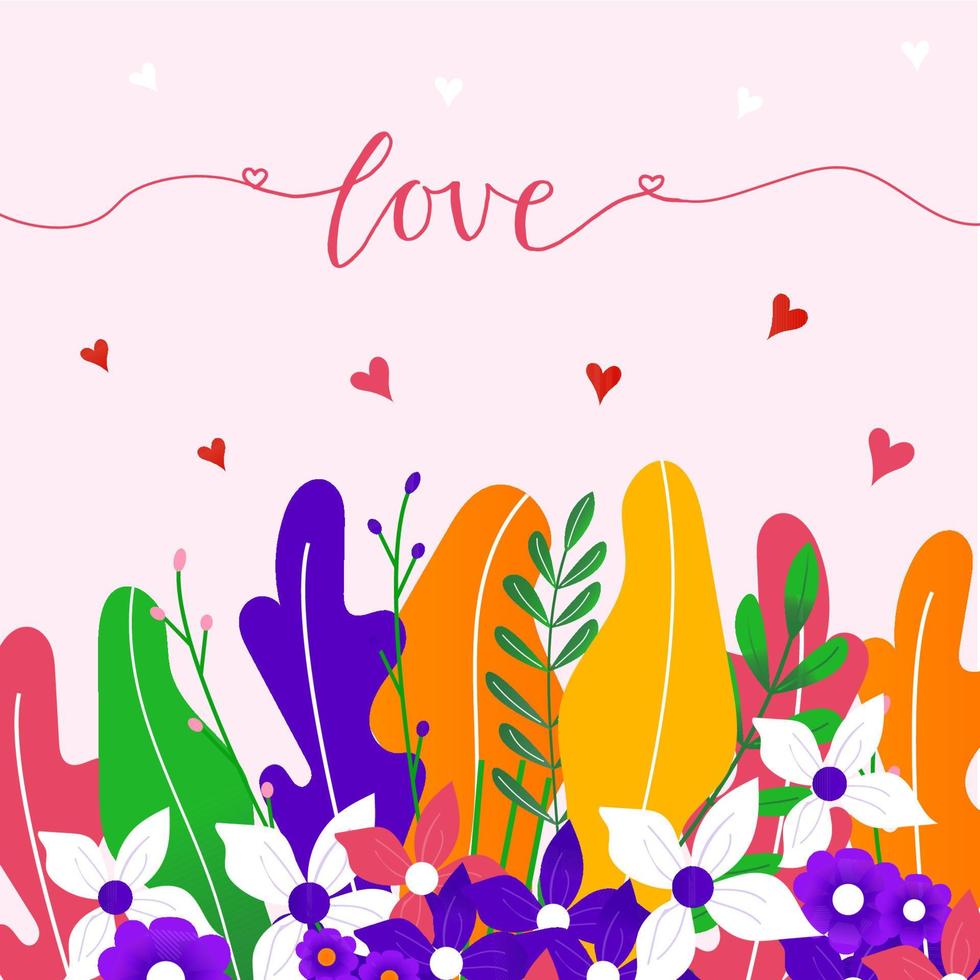 Bouquet of spring wild and garden blooming flowers with other decor elements isolated on white background. Flat design. Valentine's day Hand drawn trendy vector greeting card.