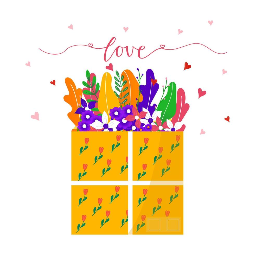 paquete de dibujos animados con flores para iconos de entrega. paquetes postales de san valentín, paquetes, cajas, paquetes para el concepto de servicio de entrega en línea. vector aislado