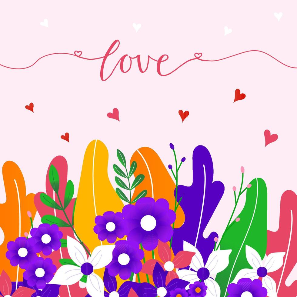 Bouquet of spring wild and garden blooming flowers with other decor elements isolated on white background. Flat design. Valentine's day Hand drawn trendy vector greeting card.