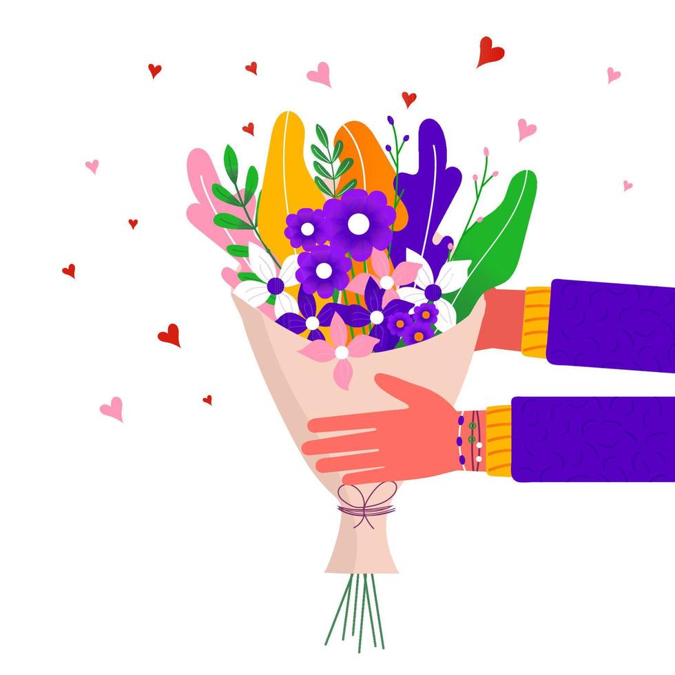 ramo de flores silvestres y de jardín de primavera con otros elementos decorativos aislados en fondo blanco. diseño plano. tarjeta de felicitación de vector de moda dibujada a mano del día de san valentín.