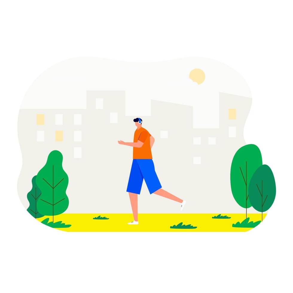 People walking in the park, practicing sports, relaxing. Leisure and outdoor activity, family picnic, summer rest. Vector flat concept illustration. Man jogging