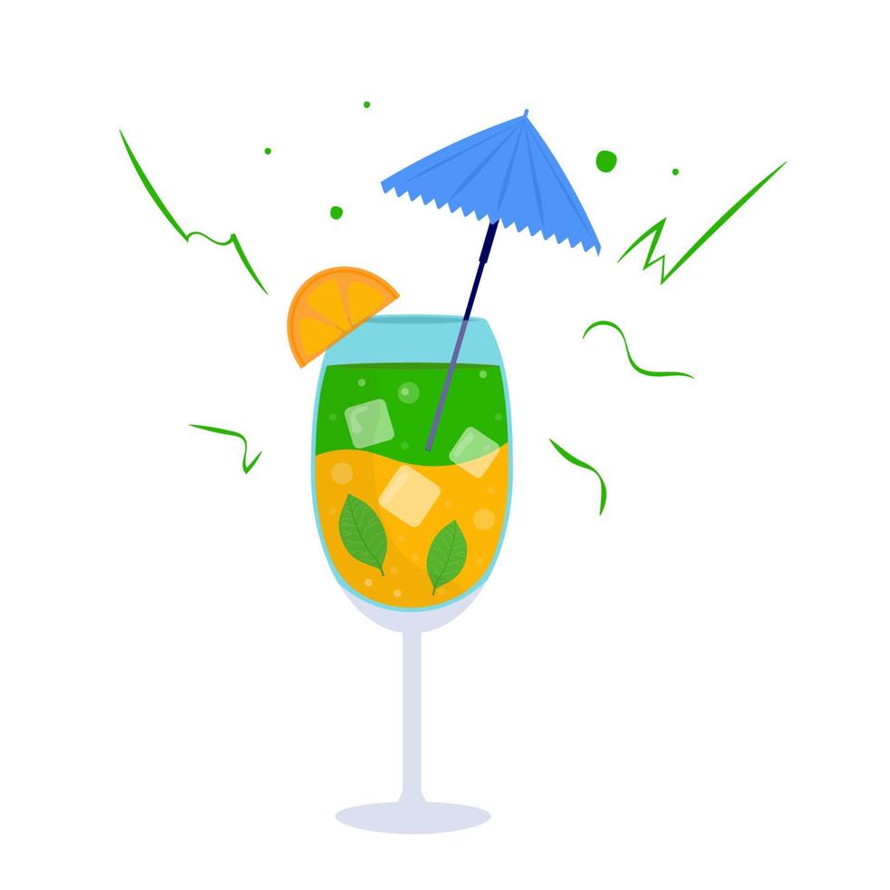 Tropical cocktails. Alcoholic summer drinks in glasses, mojito, vodka, sambuca, martini, juices,  Holiday concept for party invitation, bar menu. Vector illustration