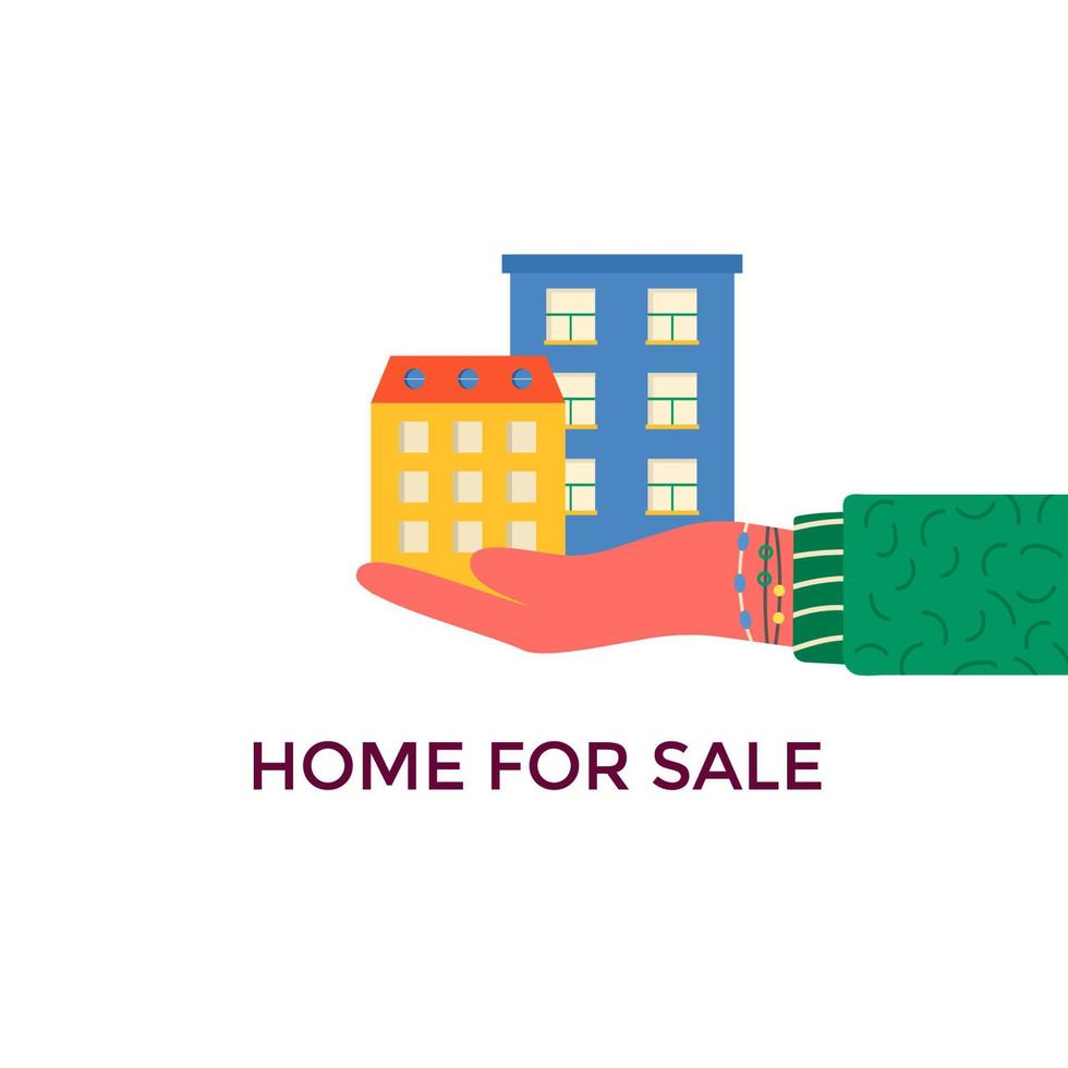 Banner for sales, advertising house, cottage with trees. Hand holding Offer of home purchase. Rental of Real Estate. Vector flat design, urban landscape.