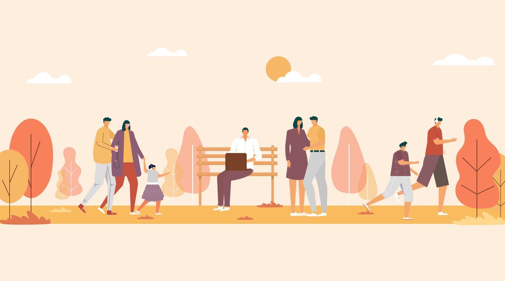 gente caminando en el parque, practicando deportes, relajándose, conectándose, sentándose en un banco,. ocio y actividad al aire libre, picnic familiar, descanso de verano. Ilustración de concepto plano vectorial vector