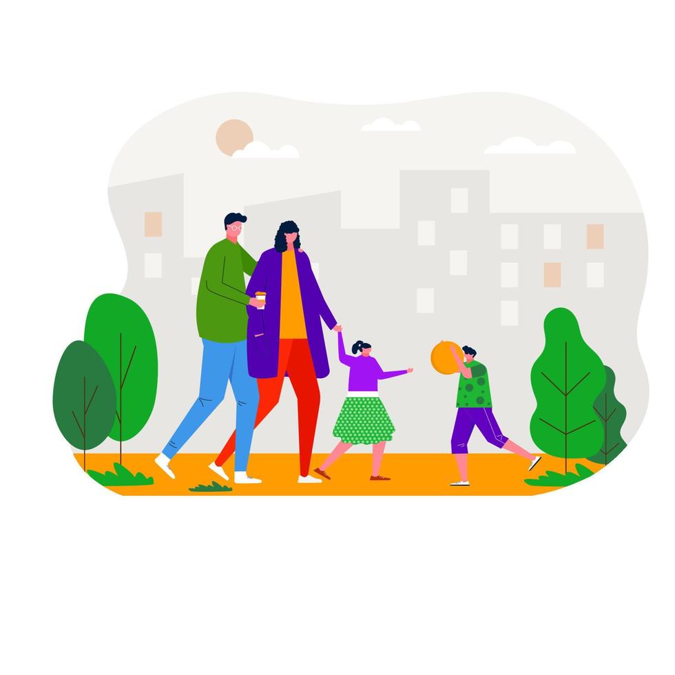 People walking in the park, practicing sports, relaxing, connecting, sitting on bench, playing with dog. Leisure and outdoor activity, family picnic, summer rest. Vector flat concept illustration