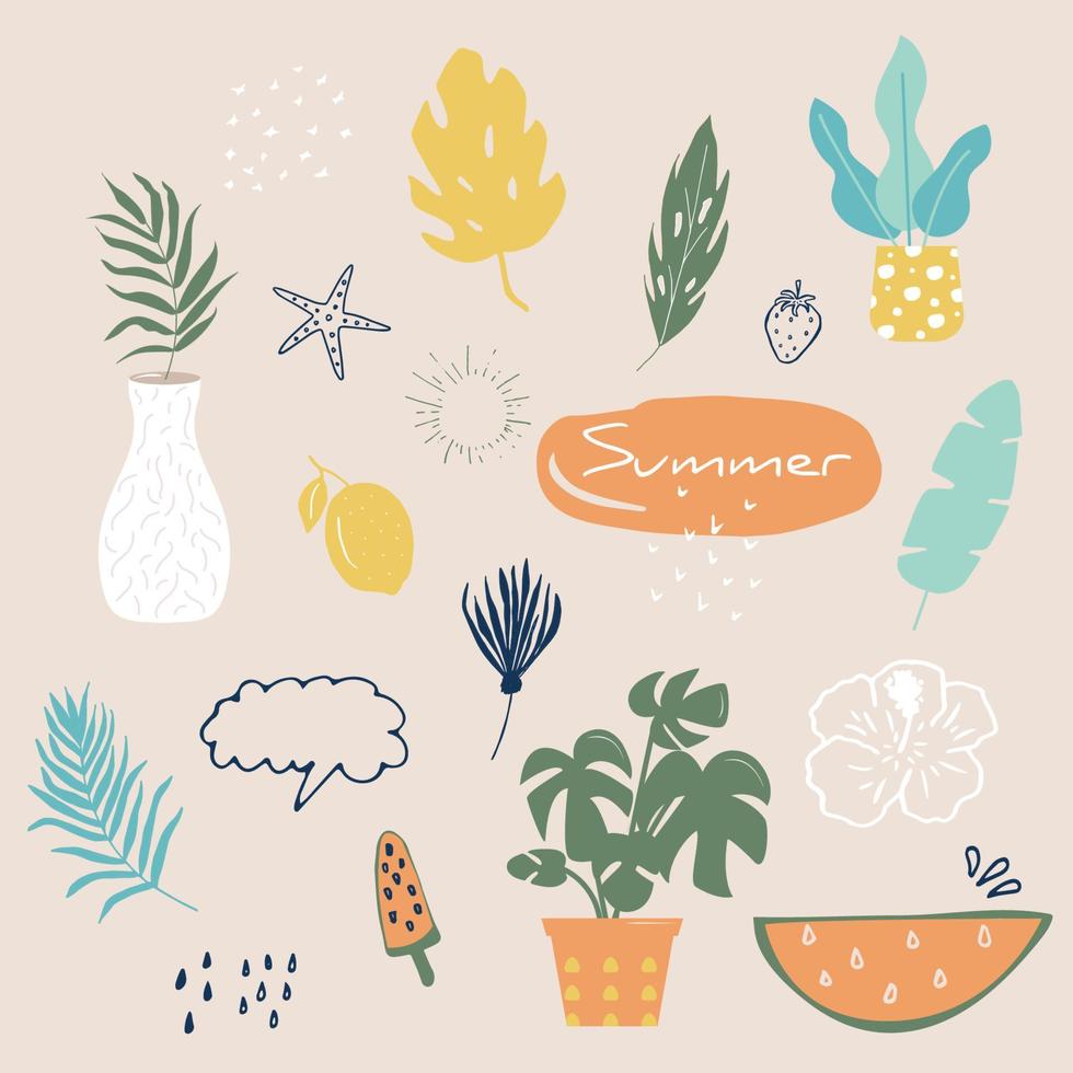 Collection of floral and abstract shape, sticker, design element, plant, leaves, hand drawn in trendy doodle style. Vector illustrations for paper, cover, fabric, interior decor. elements are isolated