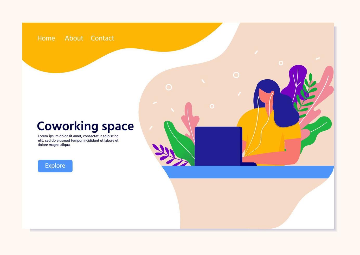 plantilla de página de inicio con una mujer sentada frente al escritorio con auriculares. concepto de lugar de trabajo a distancia u oficina en el hogar moderno. coworking, freelance, trabajo en equipo. plantilla de página web de sitio web de vector