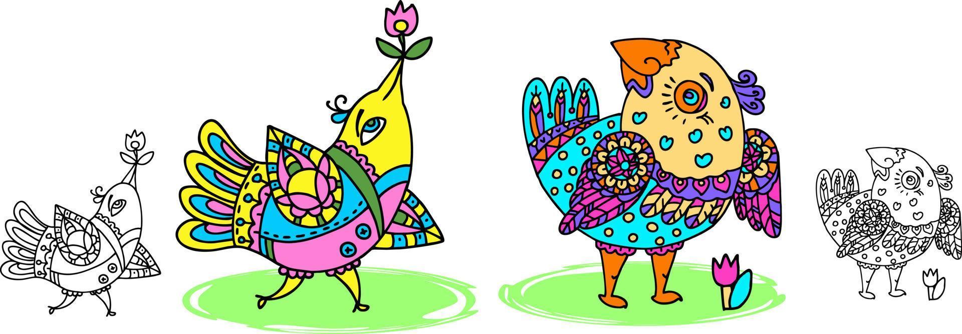 Two bright decorative fantasy birds and their repetition of a linear image can be an independent decoration and coloring. vector