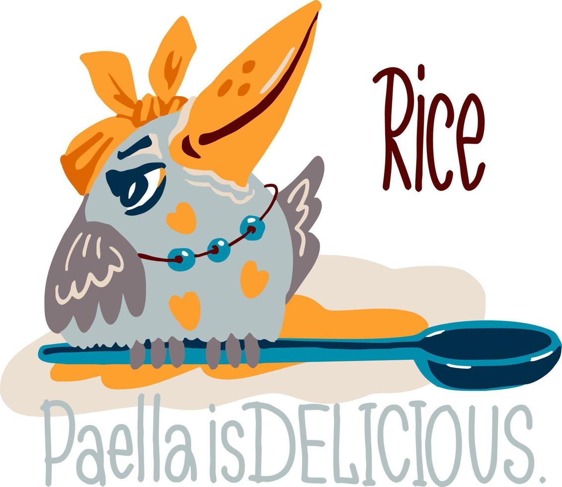 A humanized bird mistress of the kitchen prepares paella rice. vector