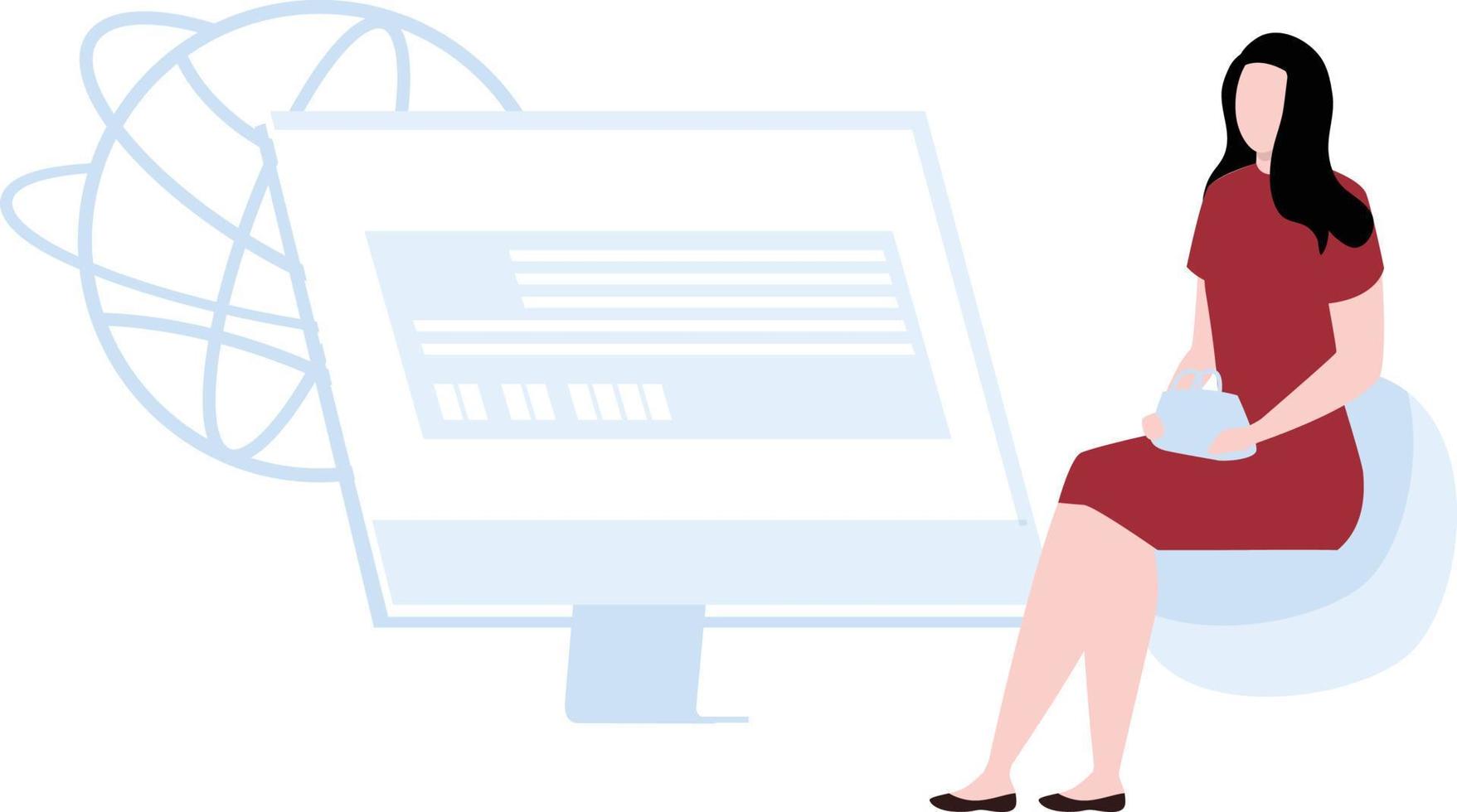 The girl is looking at the monitor. vector