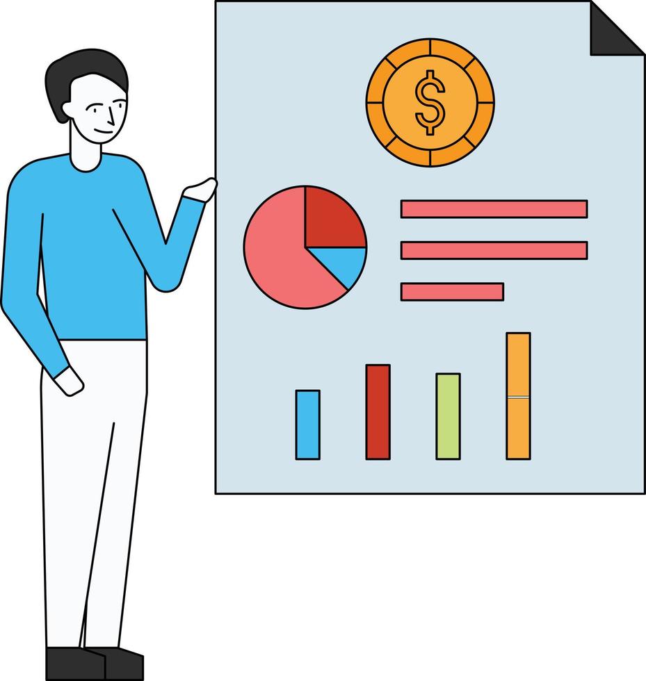 The boy stands by the dollar chart report. vector