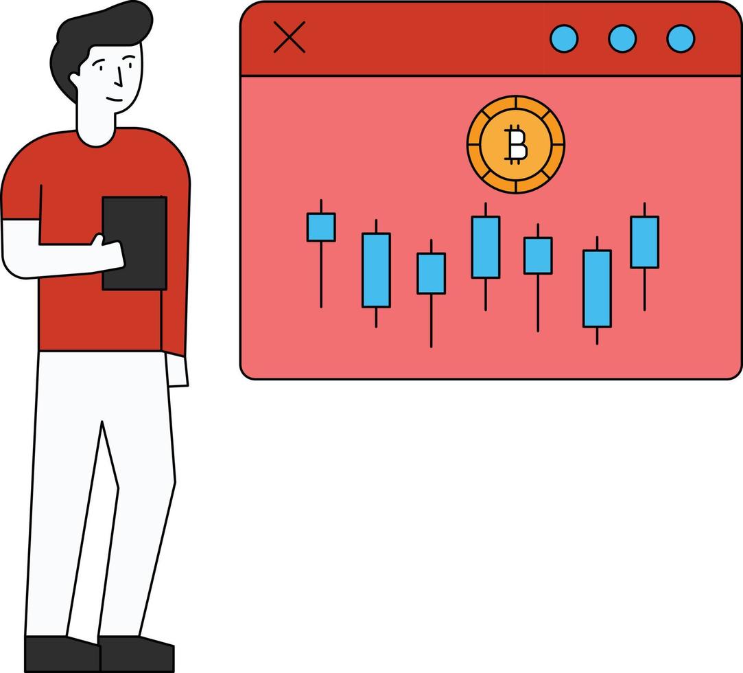 The boy looks at the bitcoin adjustment panel. vector