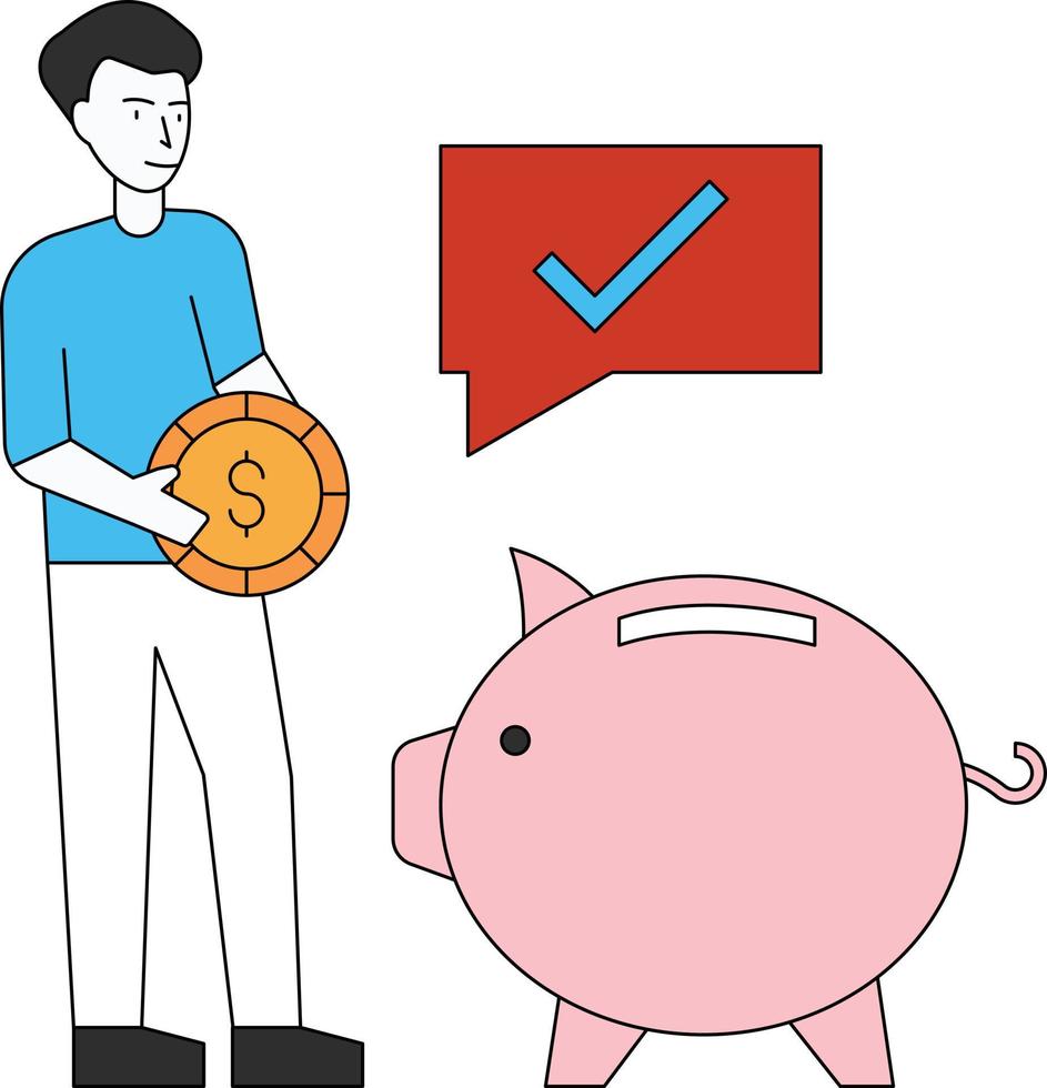 The boy is saving money in Piggy Bank. vector