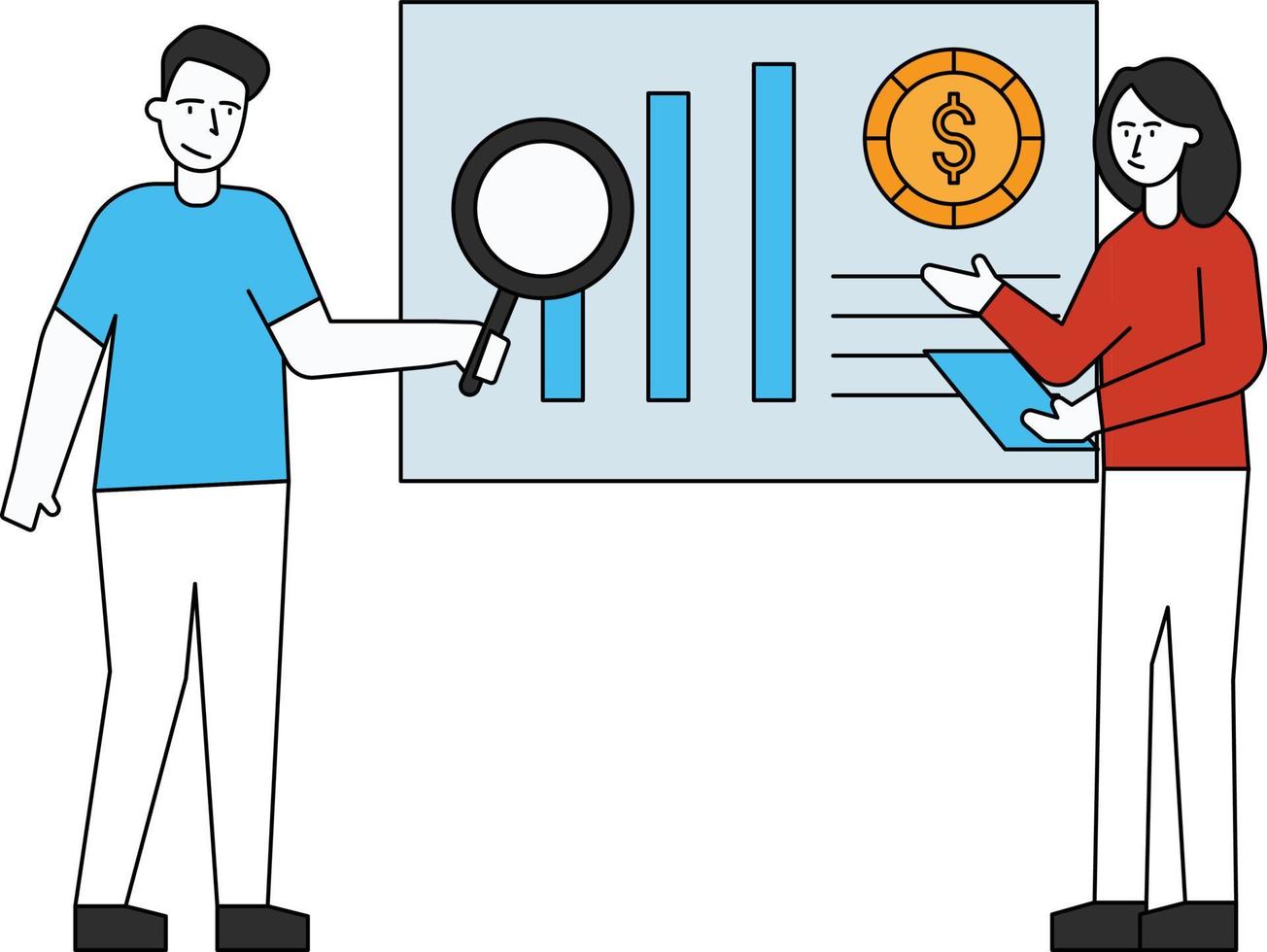 The boy is looking at the dollar graph. vector