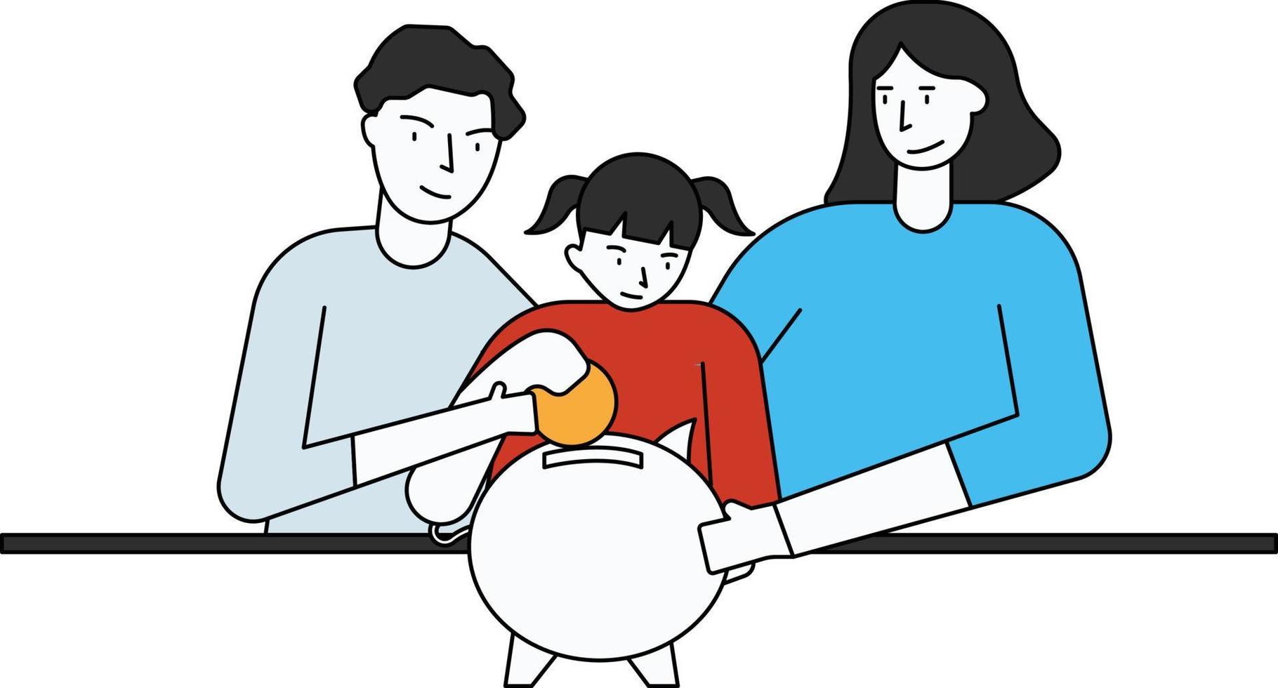The girl is putting coins in the piggy bank. vector