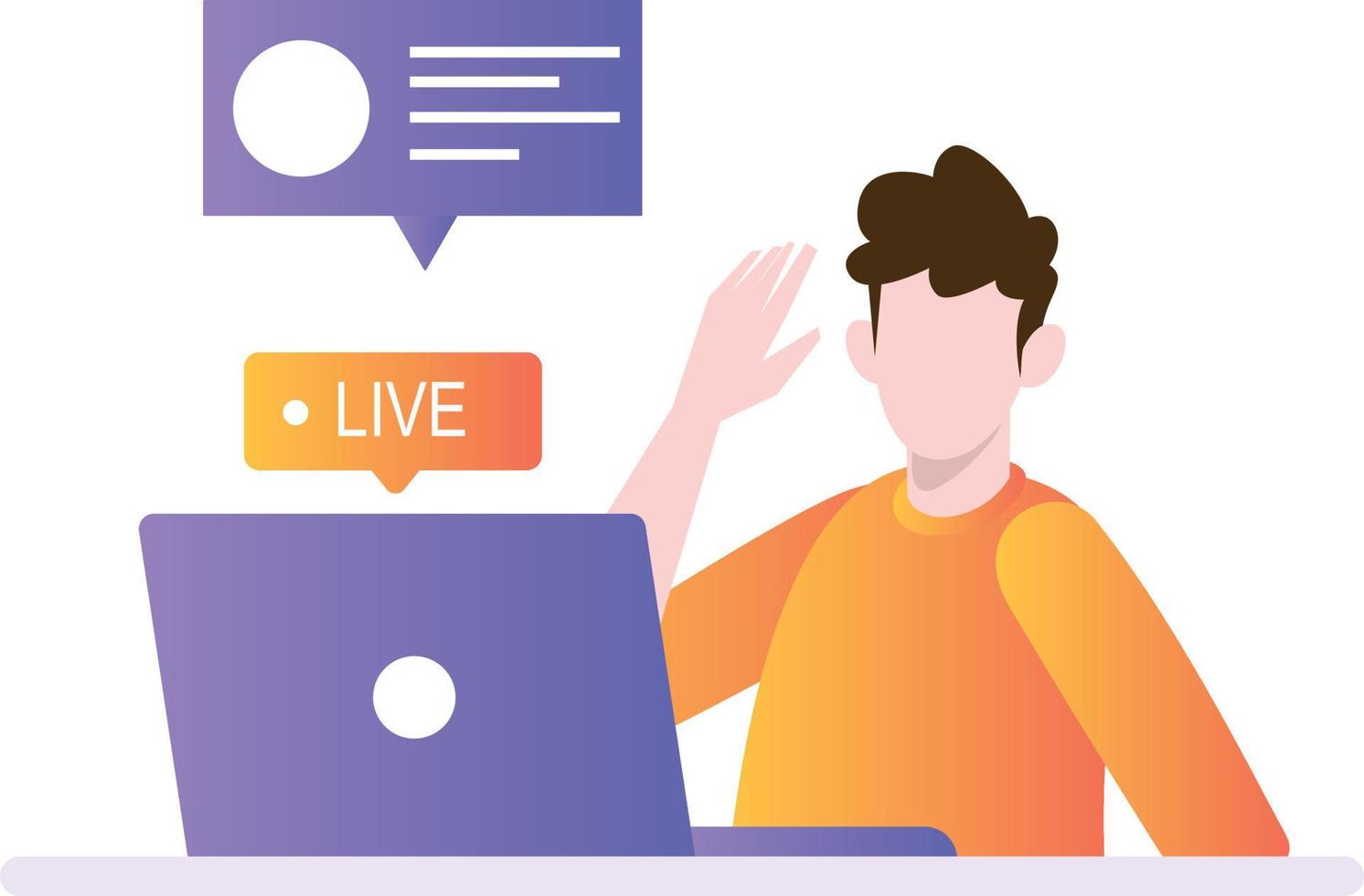 The boy is streaming live on his laptop. vector