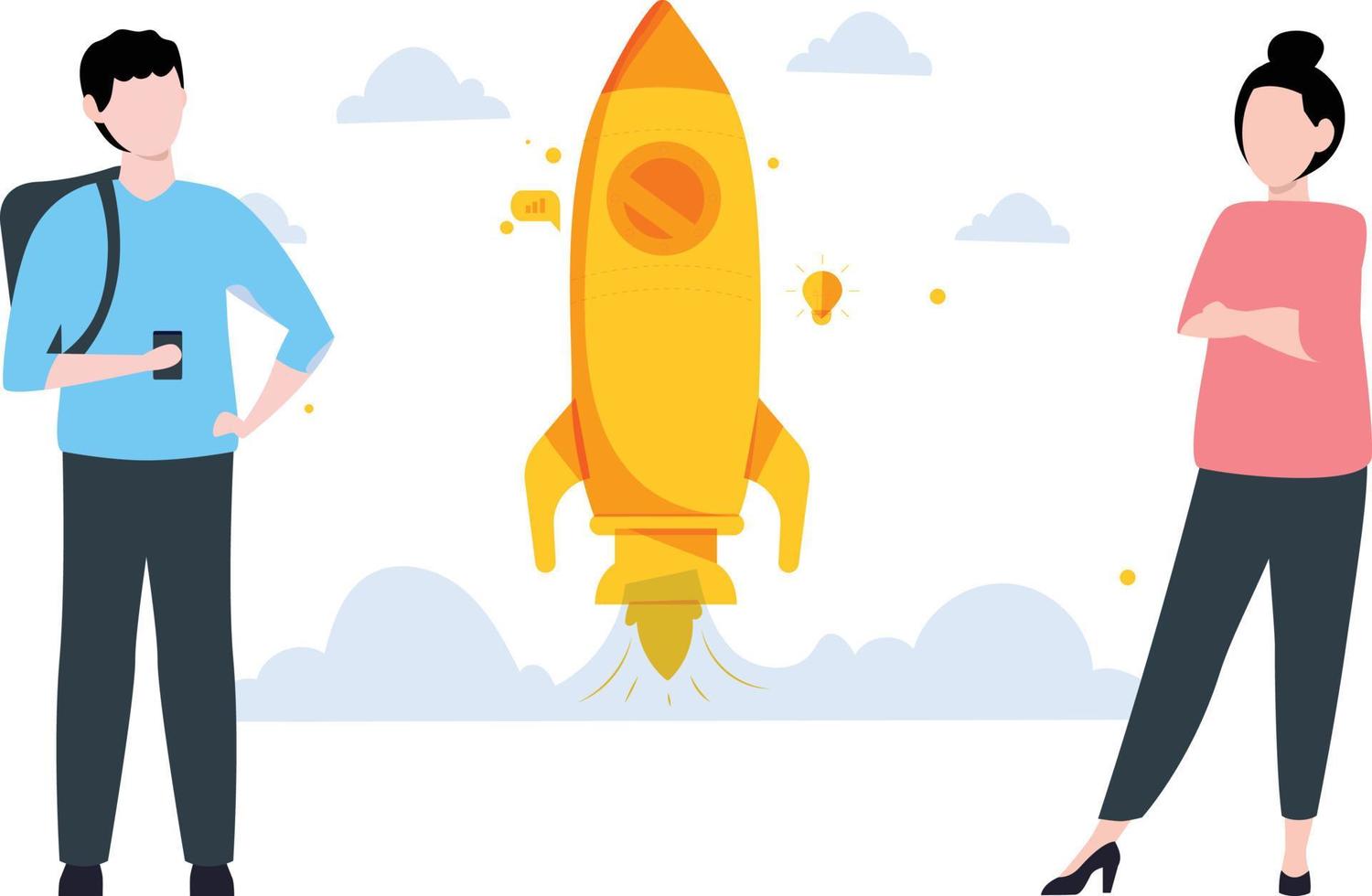 Boy and girl stand with startup rockets. vector