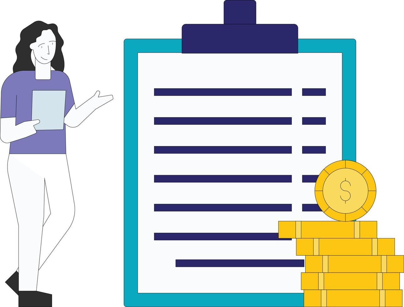 The girl stands with a dollar clipboard. vector
