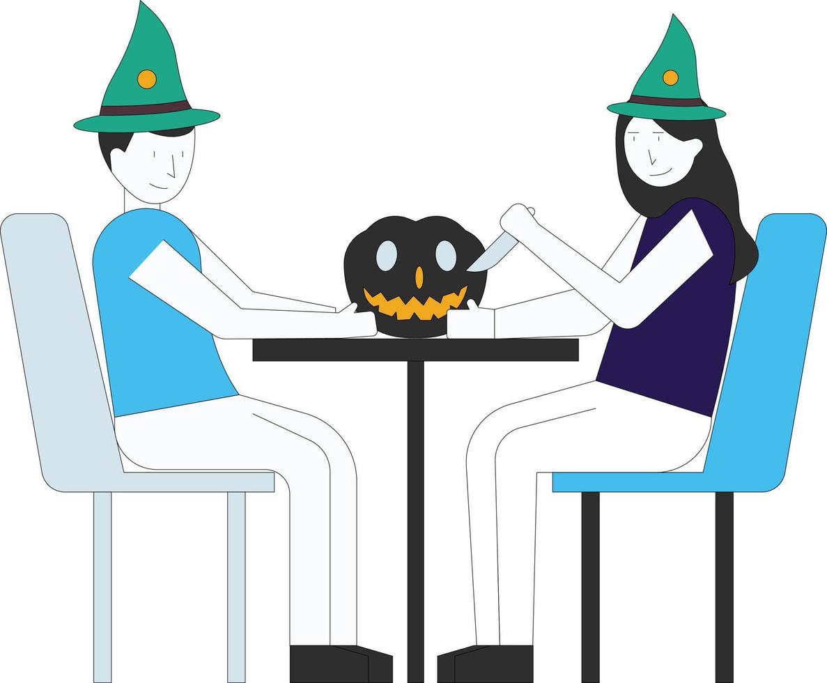 el niño y la niña están sentados en una mesa y cortando calabazas de halloween. vector