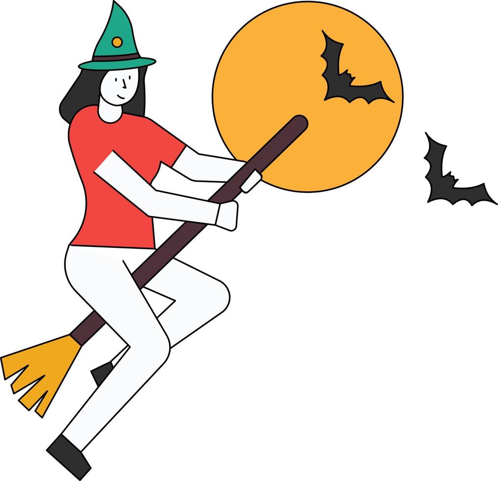 The girl is flying on the magic broom. vector