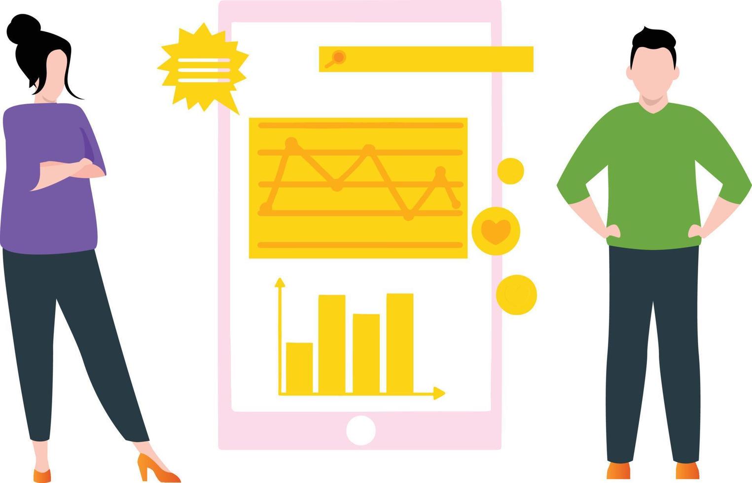 Boy and girl working mobile graphs. vector