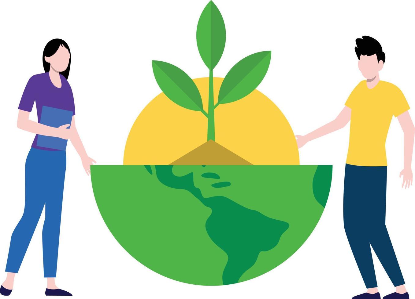 Boy and girl are making the planet green with plants. vector