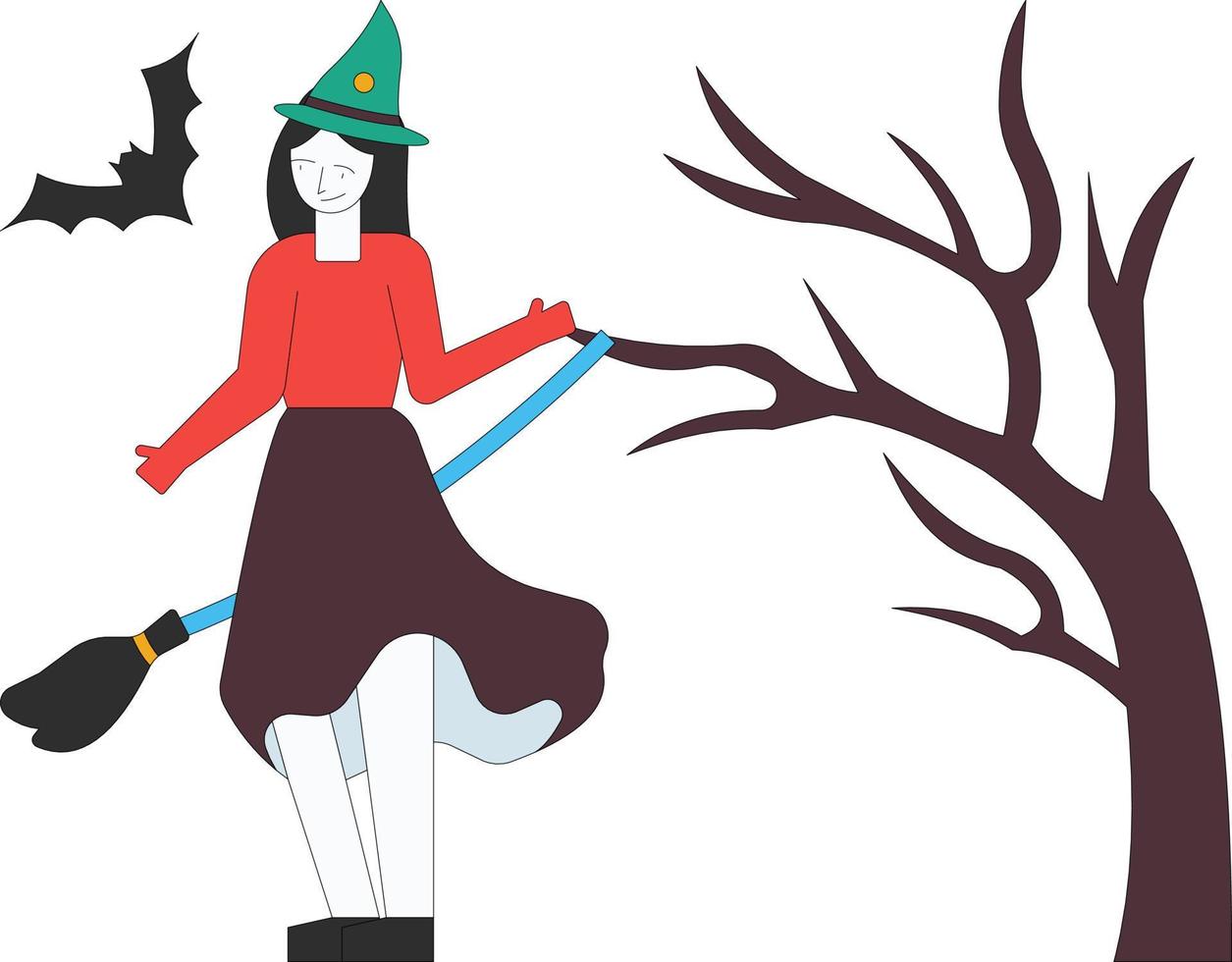 The girl is flying on the magic broom. vector