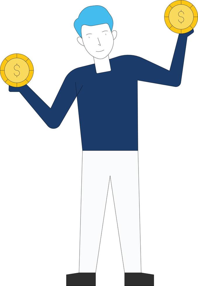 The boy stands with dollar coin in both hands. vector