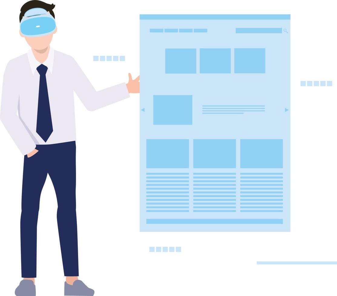 The boy analyzes the layout document using VR technology. vector