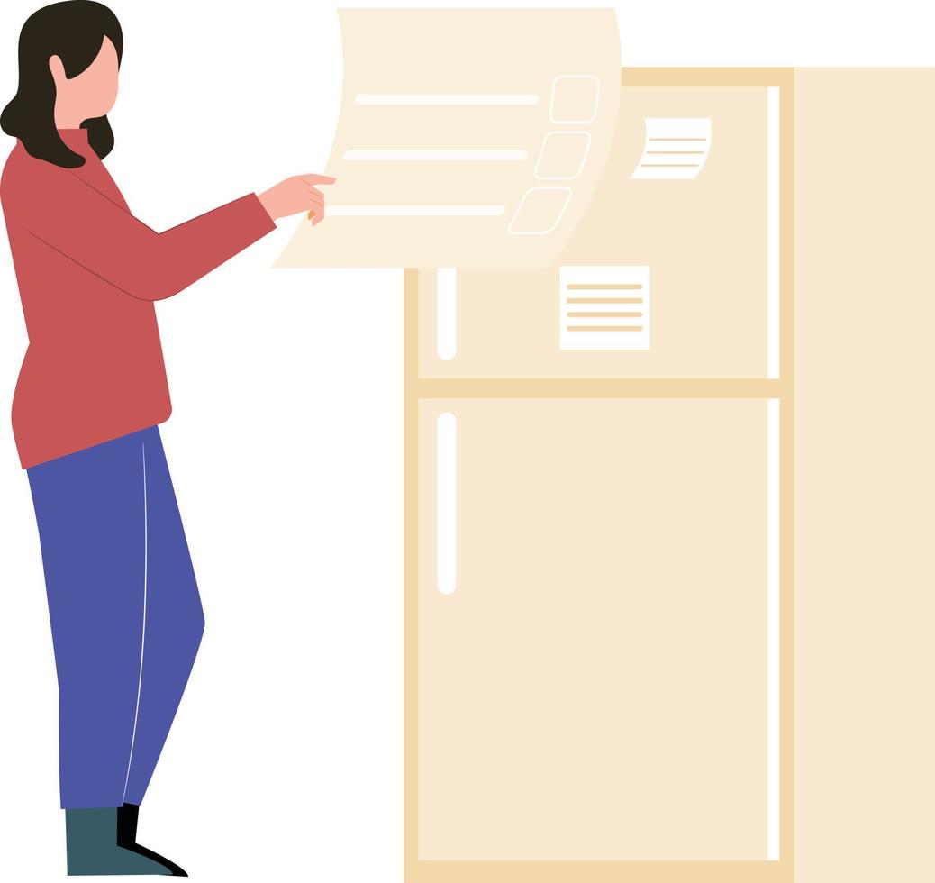 The girl is looking at the list on the fridge. vector