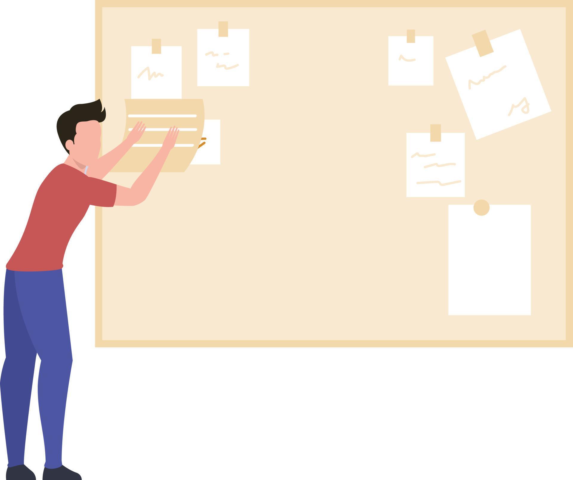 The boy is putting a notice on the notice board. 9107339 Vector Art at