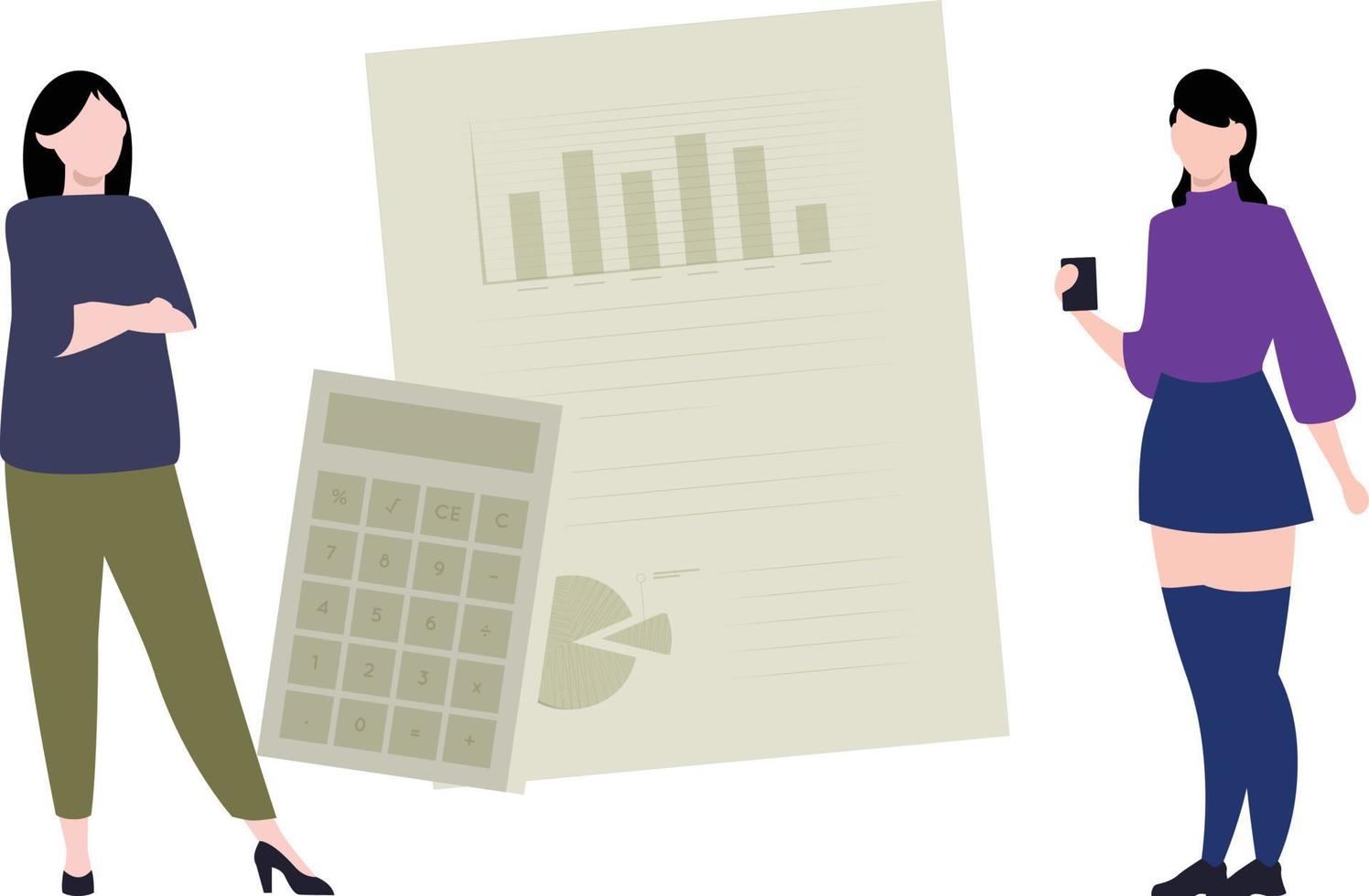 The girls stand with the stock market chart file. vector