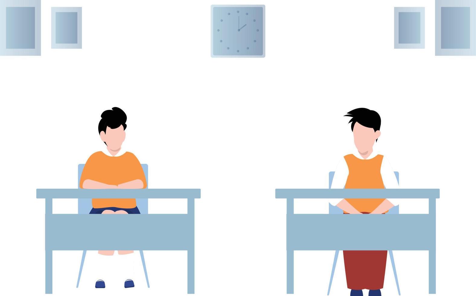The students are sitting on their desks in classroom. vector