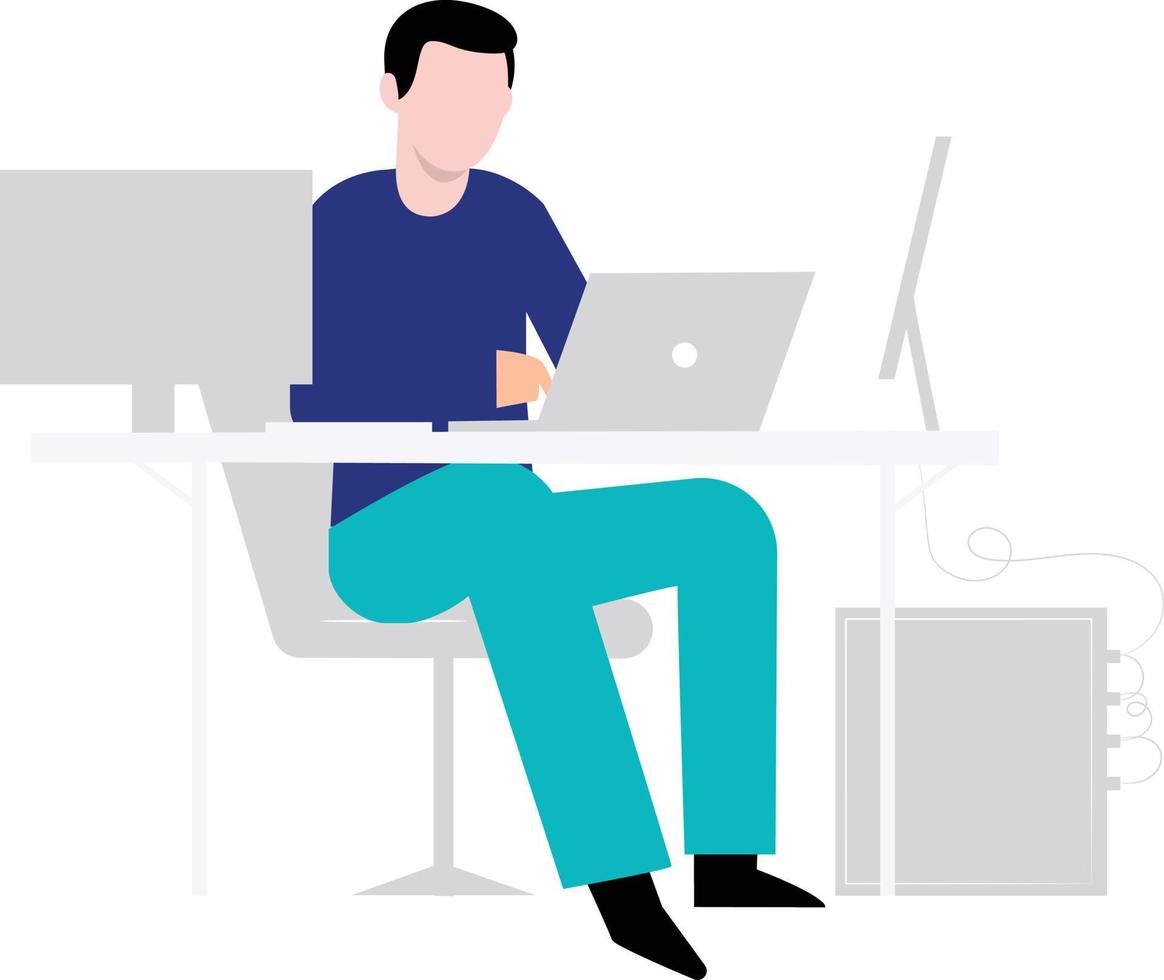 The boy is working on his laptop. vector