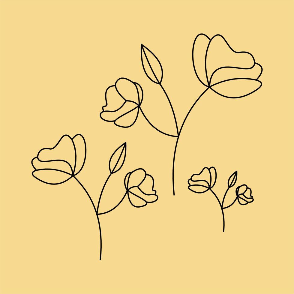 arte lineal del boceto de flores. ilustración vectorial abstracta dibujada a mano. Diseños de arte de plantas abstractas para imprimir cubiertas de decoración del hogar fondos de pantalla carteles arte de pared mínimo y natural vector